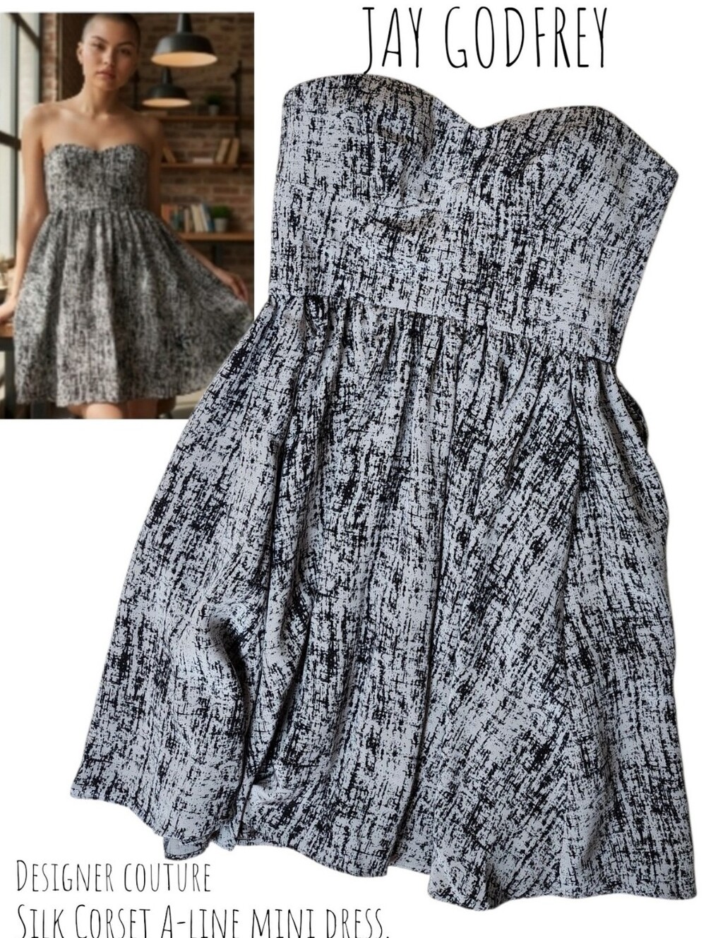 JAY GODFREY Women's Couture Silk bodice A-line geometric Mini Dress grey black 4
